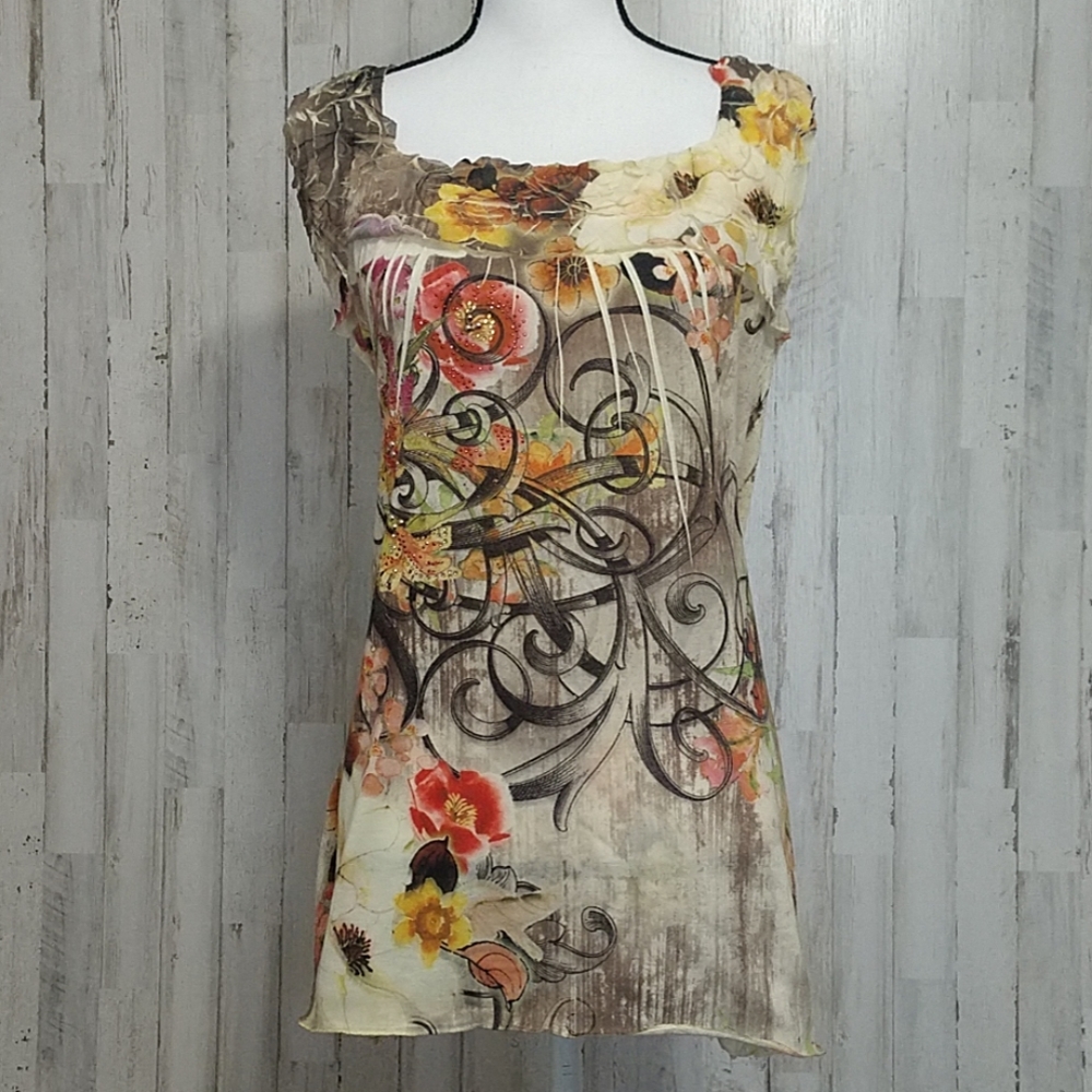B.L.E.U. Floral Studded Sleeveless Blouse